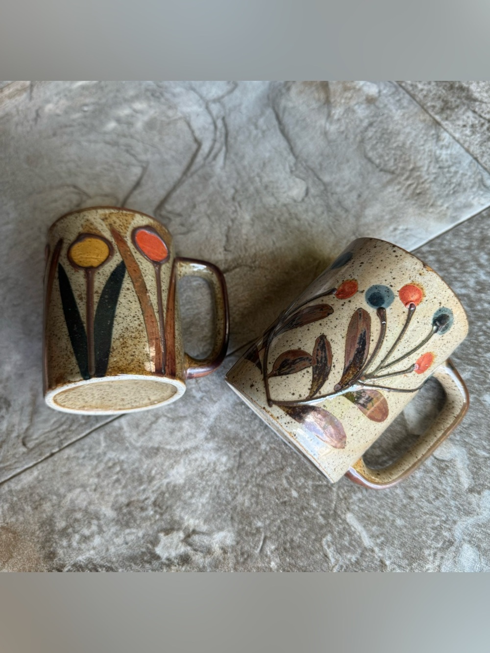 Vintage 1970s Speckled Stoneware Coffee Mugs Set of 2 Mid Century Modern Floral